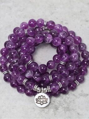 Amethyst Purple Beaded Stone Mala Bracelet with Lotus Charm